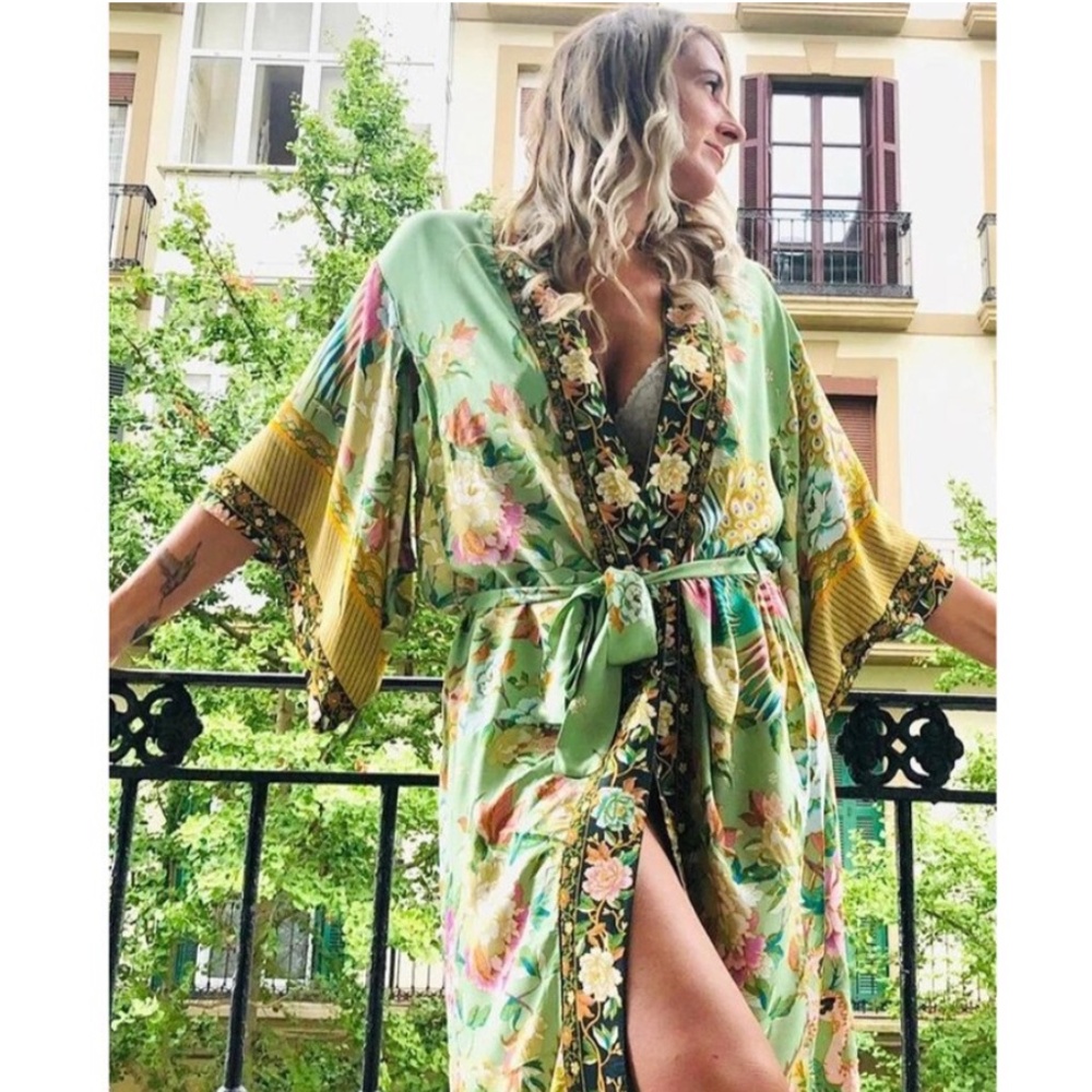 Boho Green floral print belt long boho kimono Cover up - Picture 2 of 11